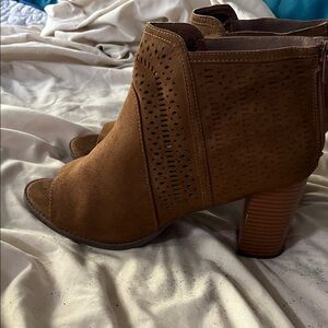 Women’s Suede Peep-Toe Ankle Bootie in Brown